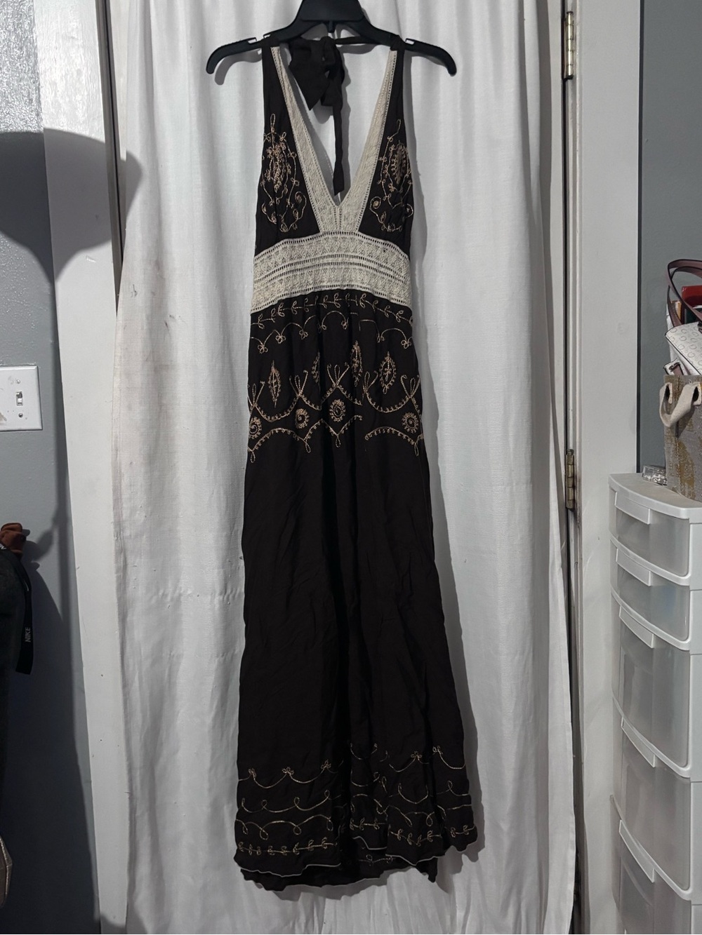 VENUS Brown Embroidered Crochet Halter Maxi Dress Size 7